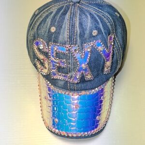 Baseball Hat Cap Trucker 90's Y2K Rhinestone Bling Sparkle Jean Denim Hip Hop